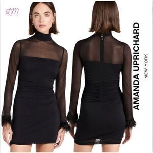Amanda Uprichard Vixen Feather Cuffed Ruched Cocktail Dress‎ Size Large Black